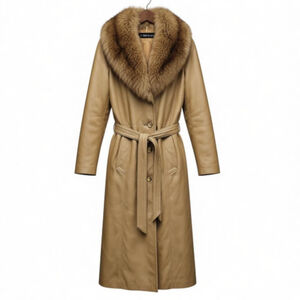 AMBE Women's Vintage Genuine Leather Fur-Trim Tie-Belt Brown Coat Size Medium